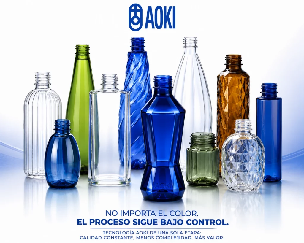 Envases PET coloreados fabricados con tecnología AOKI de una sola etapa para una mayor estabilidad de proceso y calidad uniforme.