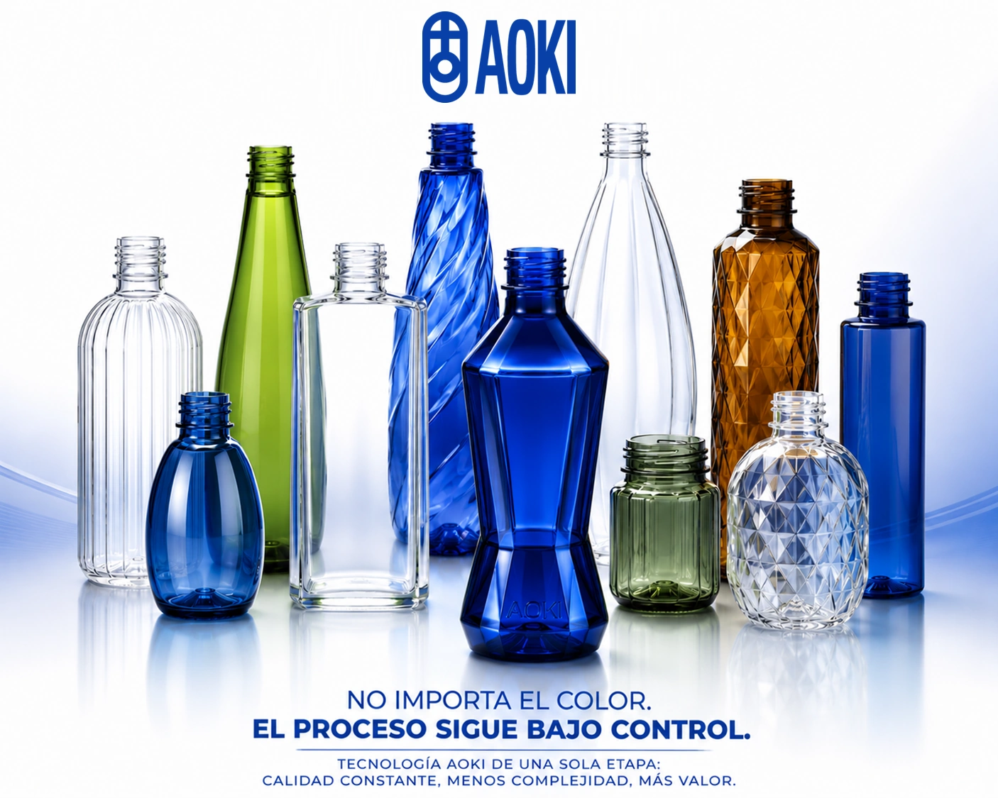 Envases PET coloreados fabricados con tecnología AOKI de una sola etapa para una mayor estabilidad de proceso y calidad uniforme.